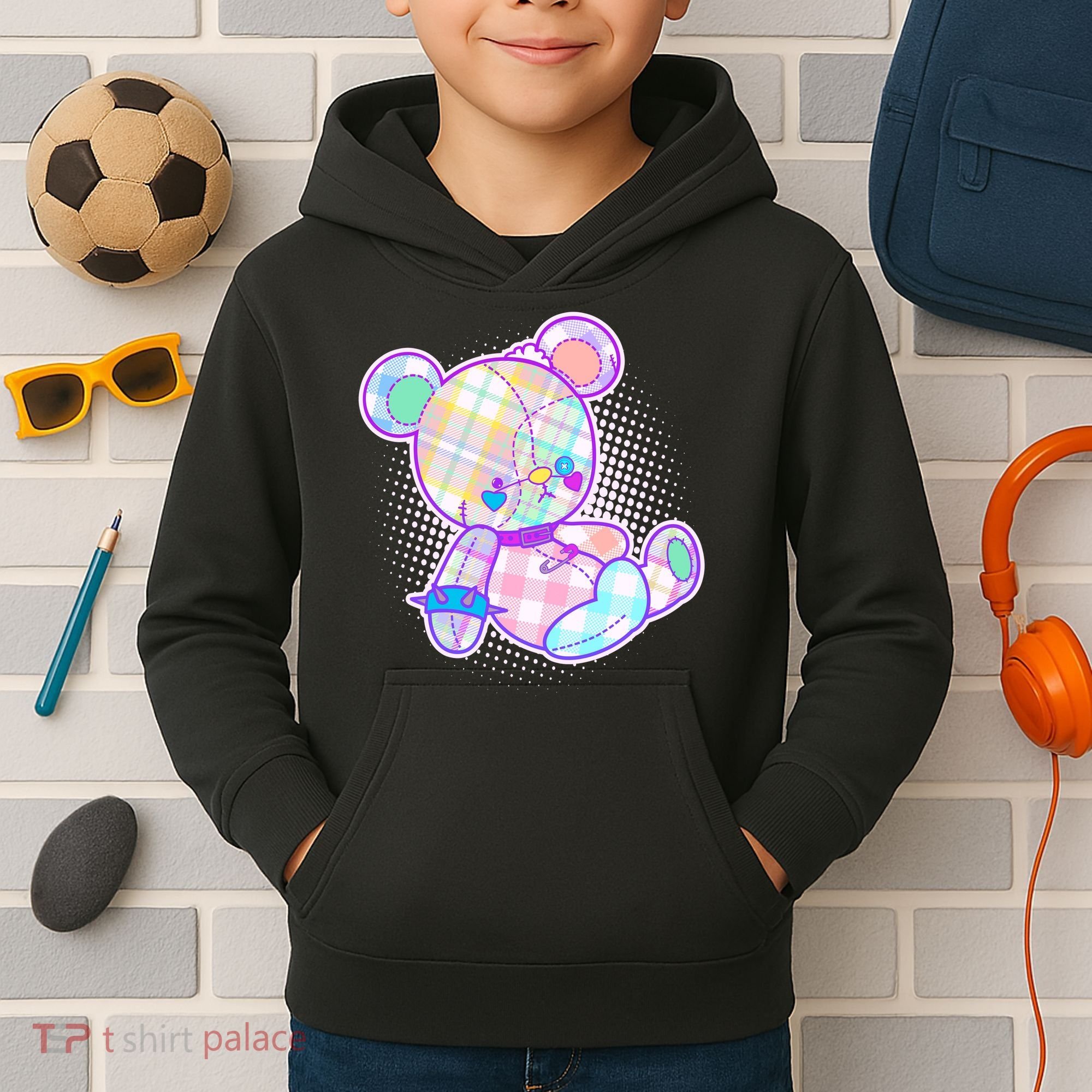 Pastel Kawaii Cute Goth Punk Teddy Bear Kids Hoodie