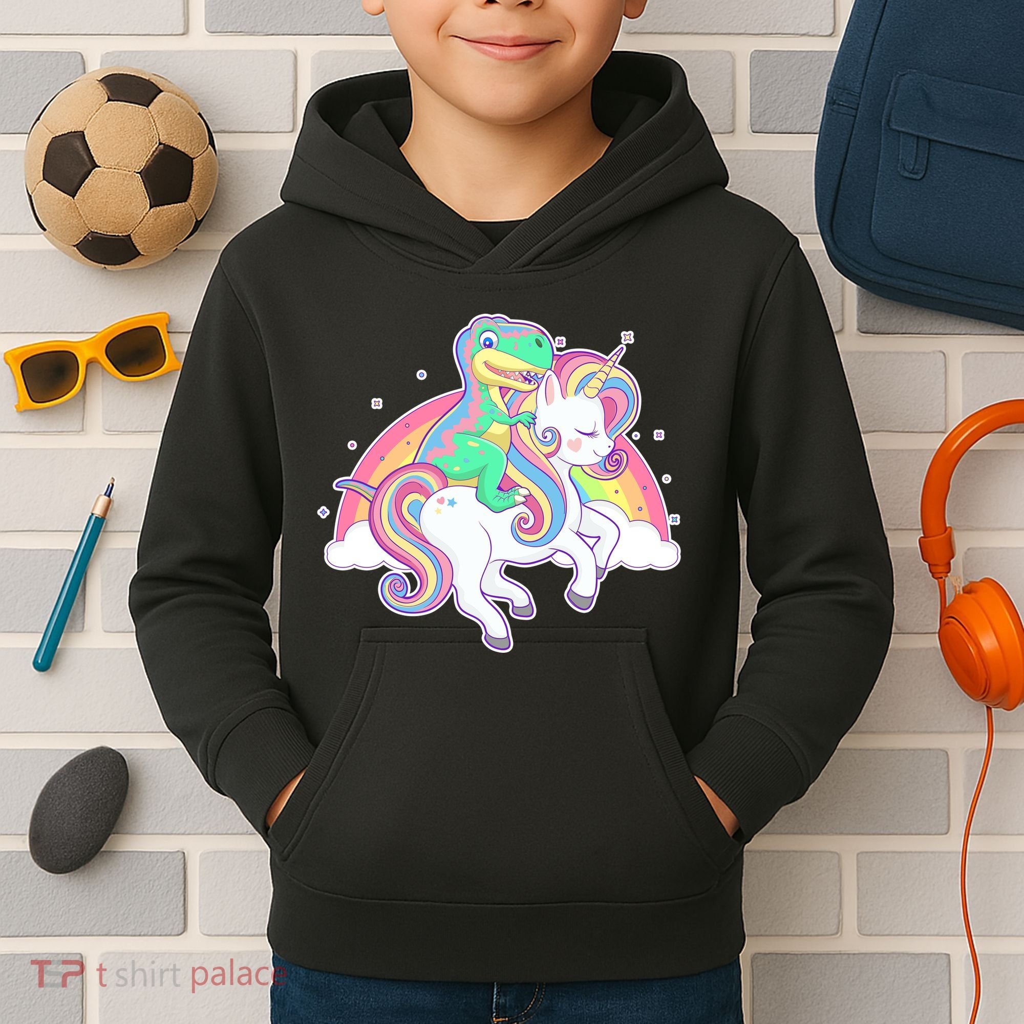 Pastel T-Rex Riding Magical Unicorn Funny Cute Kids Hoodie