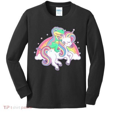 Pastel T-Rex Riding Magical Unicorn Funny Cute Kids Long Sleeve Shirt