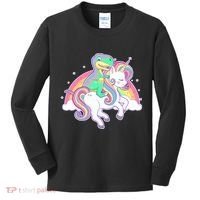 Pastel T-Rex Riding Magical Unicorn Funny Cute Kids Long Sleeve Shirt thumb 0