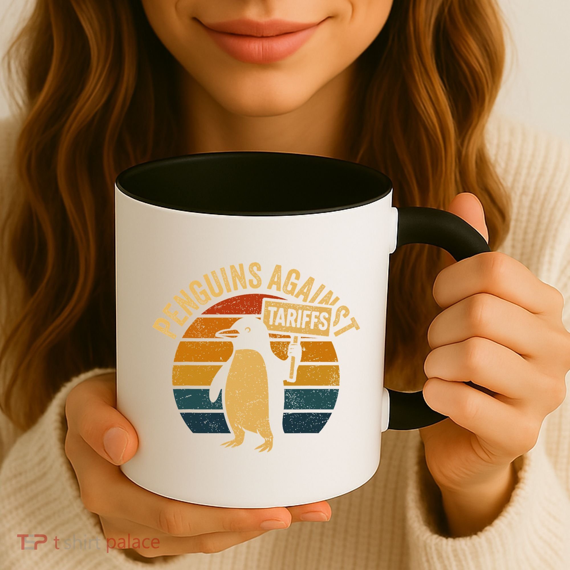 Penguins Against Tariffs Retro Funny Protest Coffee Mug