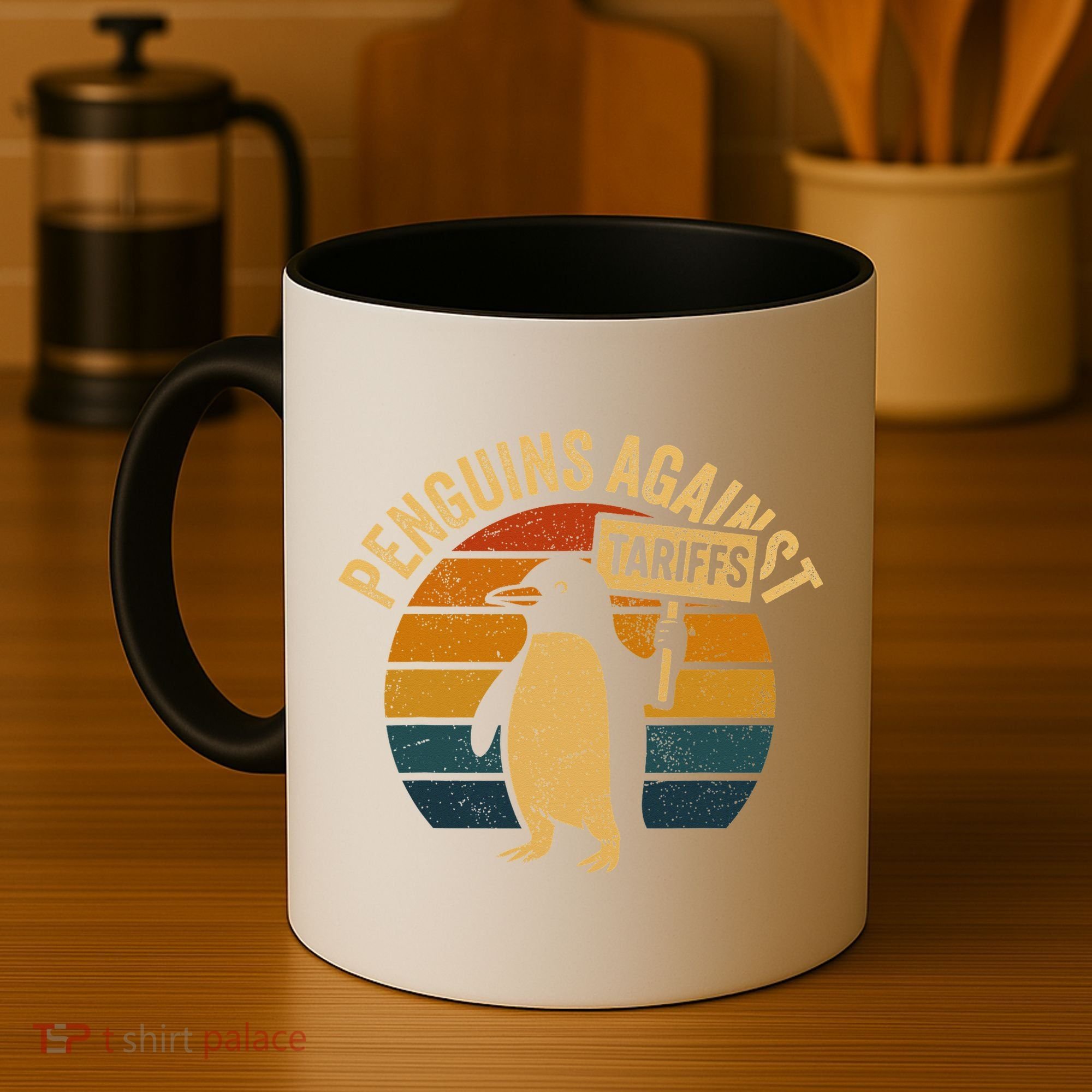 Penguins Against Tariffs Retro Funny Protest Coffee Mug