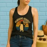 Penguins Against Tariffs Retro Funny Protest Women's Tank Top thumb 2