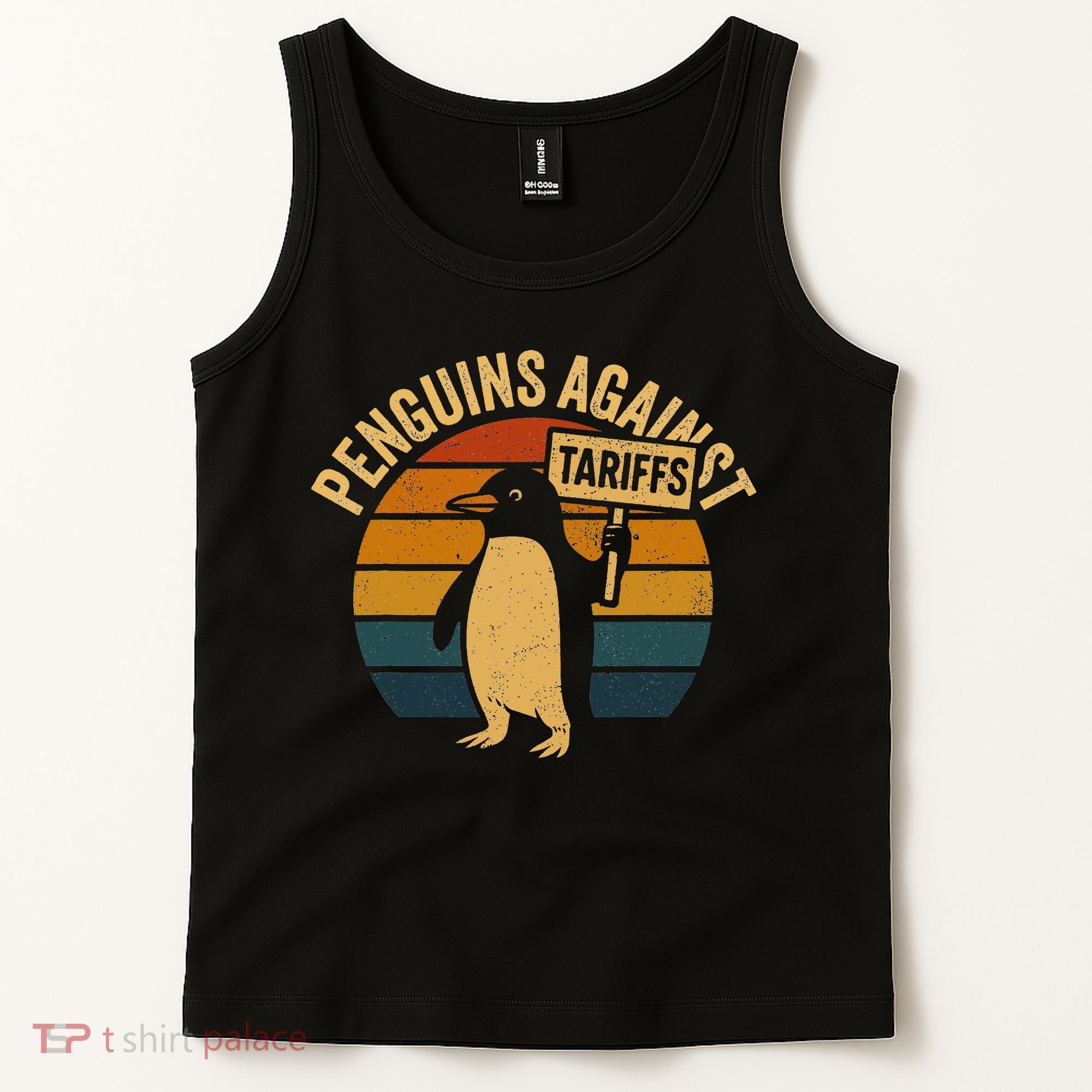 Penguins Against Tariffs Retro Funny Protest Tank Top