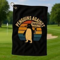 Penguins Against Tariffs Retro Funny Protest Golf Towel thumb 1