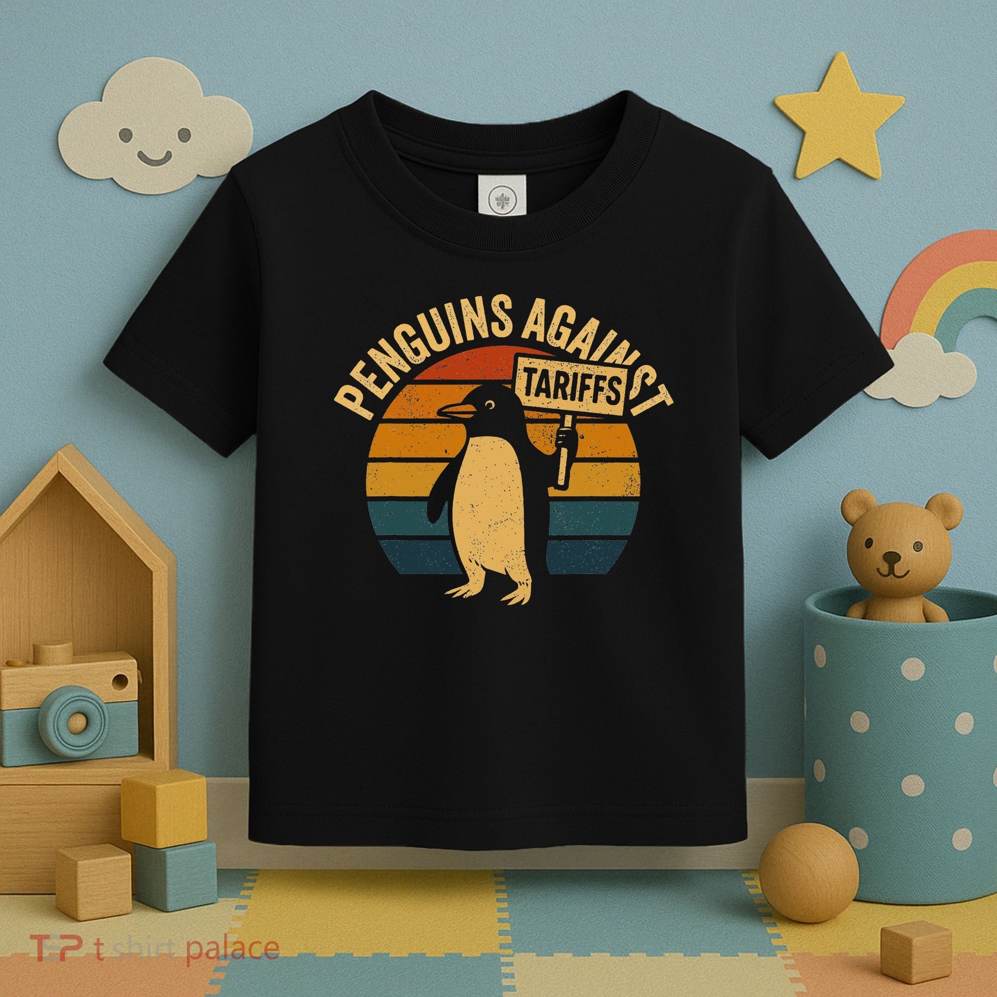 Penguins Against Tariffs Retro Funny Protest Toddler T-Shirt