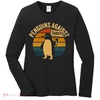 Penguins Against Tariffs Retro Funny Protest Women's Long Sleeve Shirt thumb 0