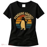 Penguins Against Tariffs Retro Funny Protest Women's T-Shirt thumb 0