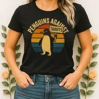 Penguins Against Tariffs Retro Funny Protest Women's T-Shirt thumb 2