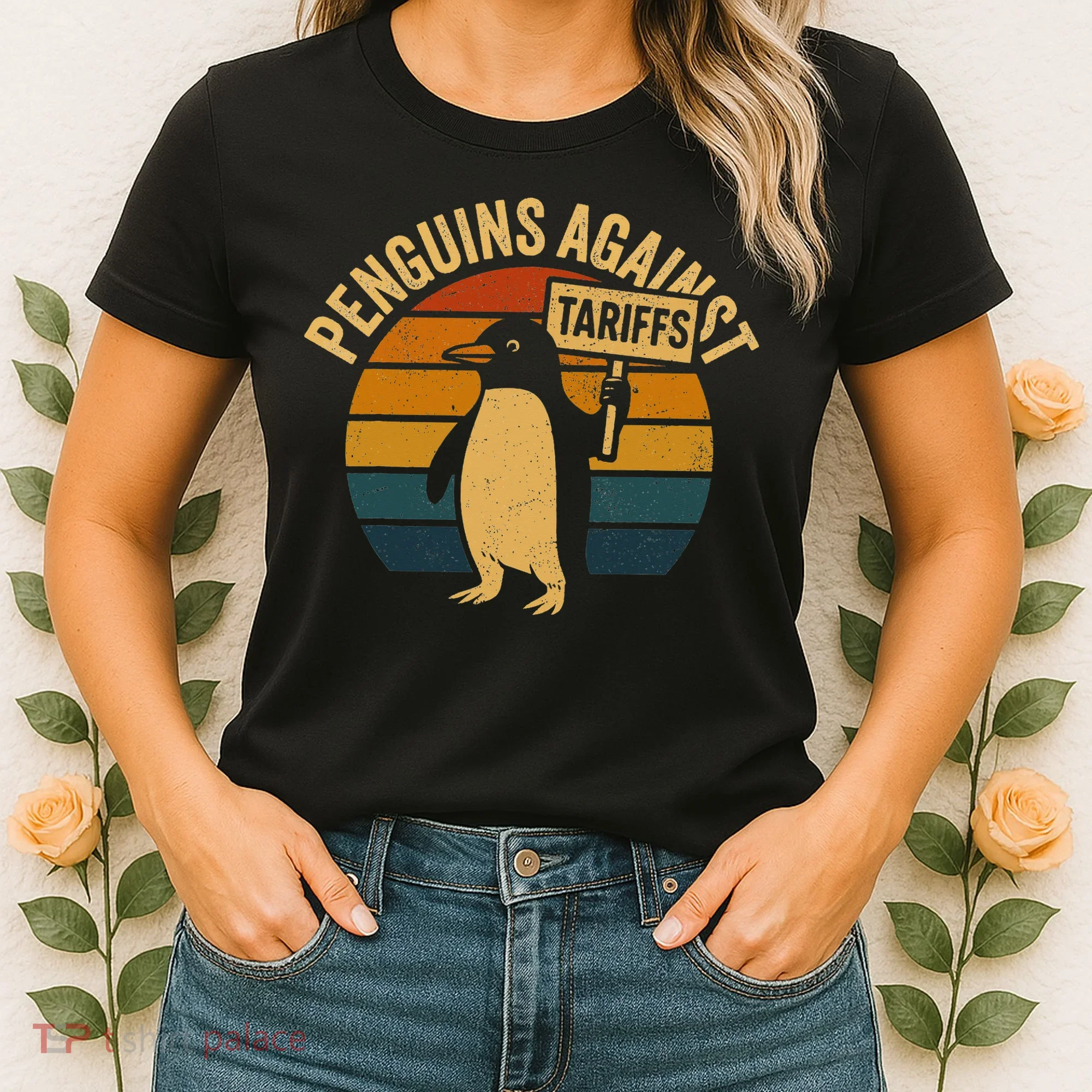 Penguins Against Tariffs Retro Funny Protest Women's T-Shirt