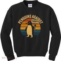 Penguins Against Tariffs Retro Funny Protest Kids Sweatshirt thumb 0