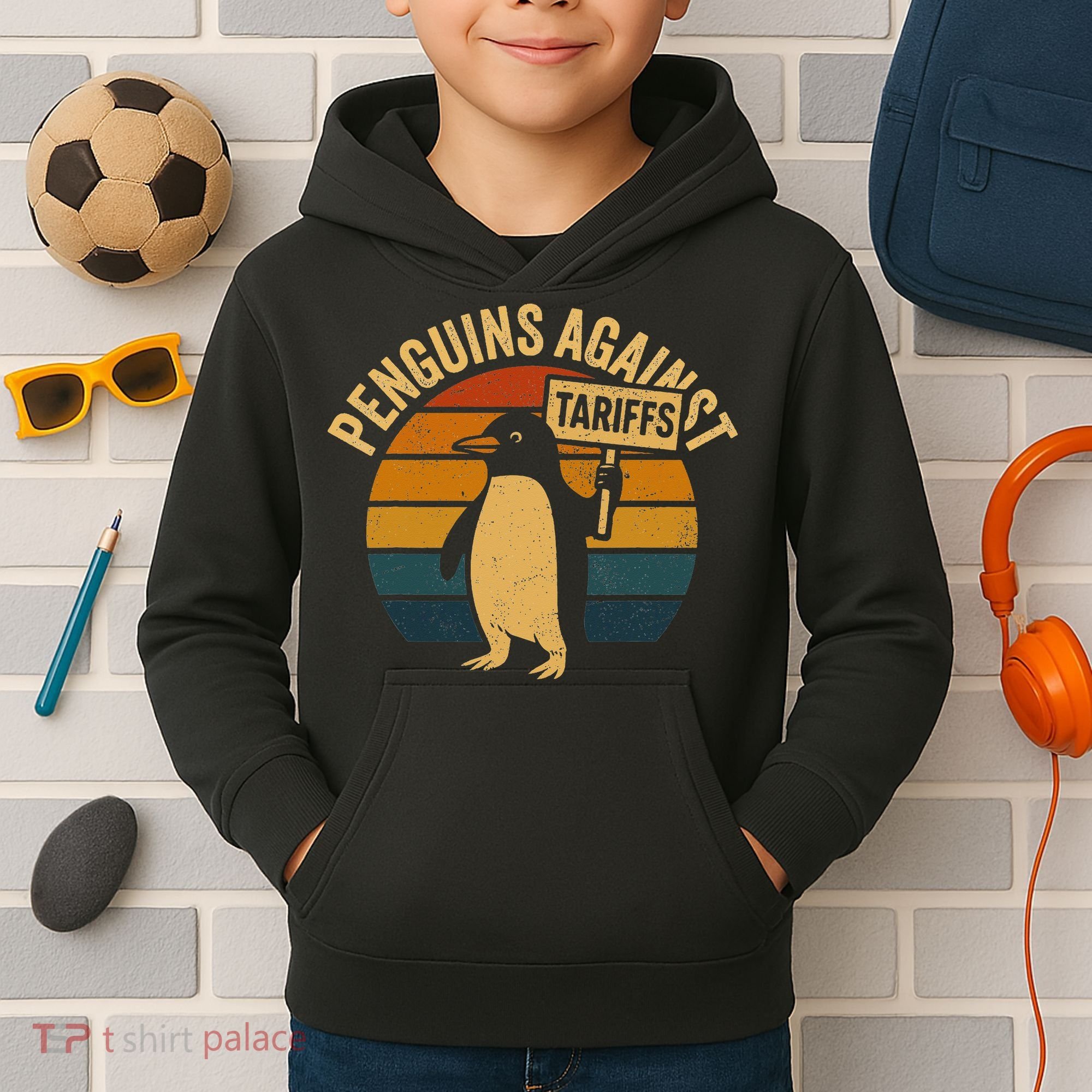 Penguins Against Tariffs Retro Funny Protest Kids Hoodie