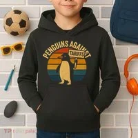 Penguins Against Tariffs Retro Funny Protest Kids Hoodie thumb 2