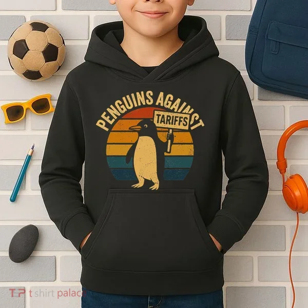 Penguins Against Tariffs Retro Funny Protest Kids Hoodie