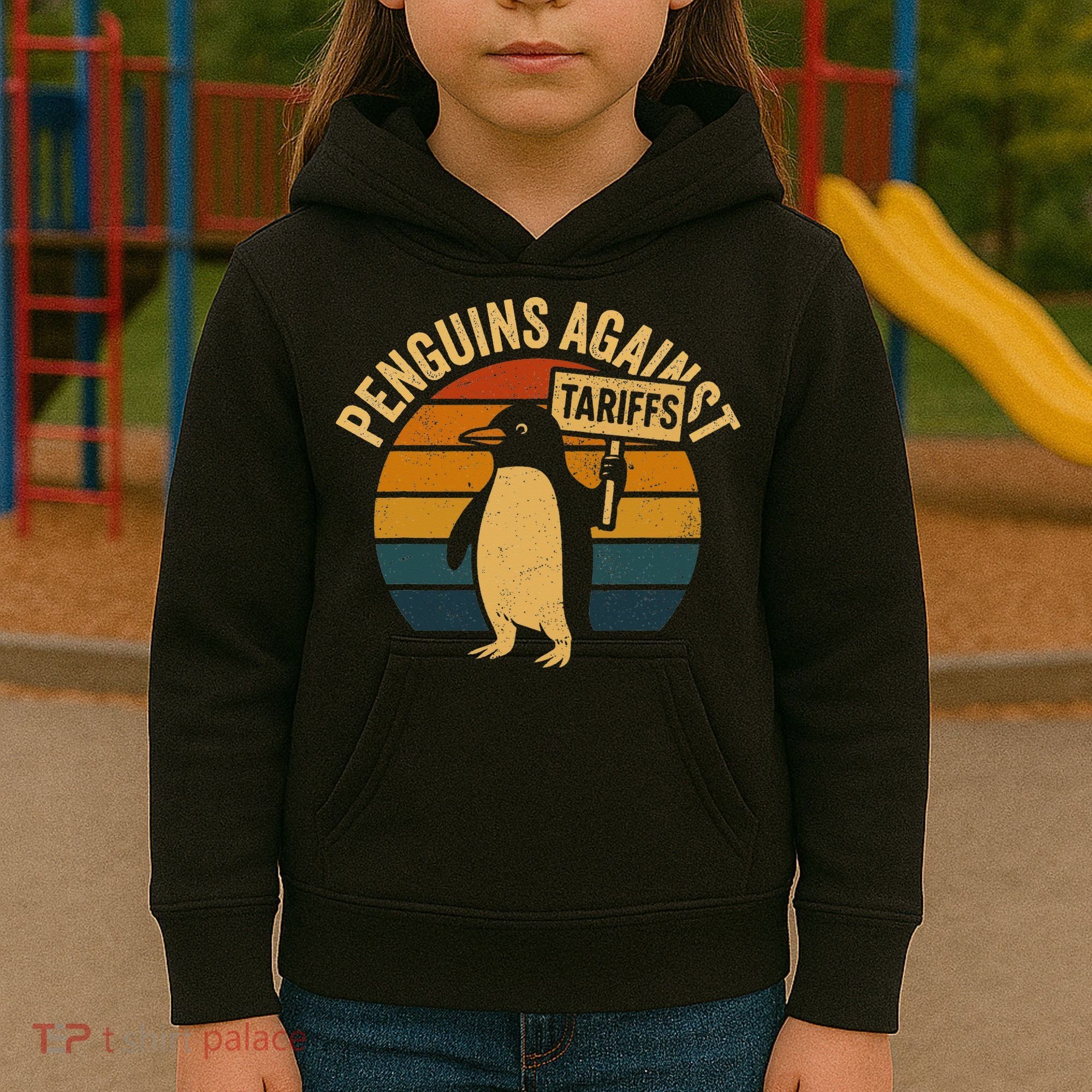 Penguins Against Tariffs Retro Funny Protest Kids Hoodie