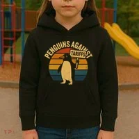 Penguins Against Tariffs Retro Funny Protest Kids Hoodie thumb 3