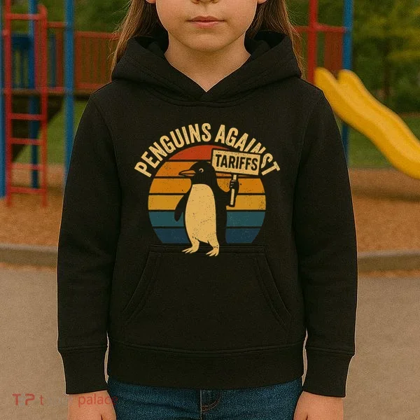 Penguins Against Tariffs Retro Funny Protest Kids Hoodie