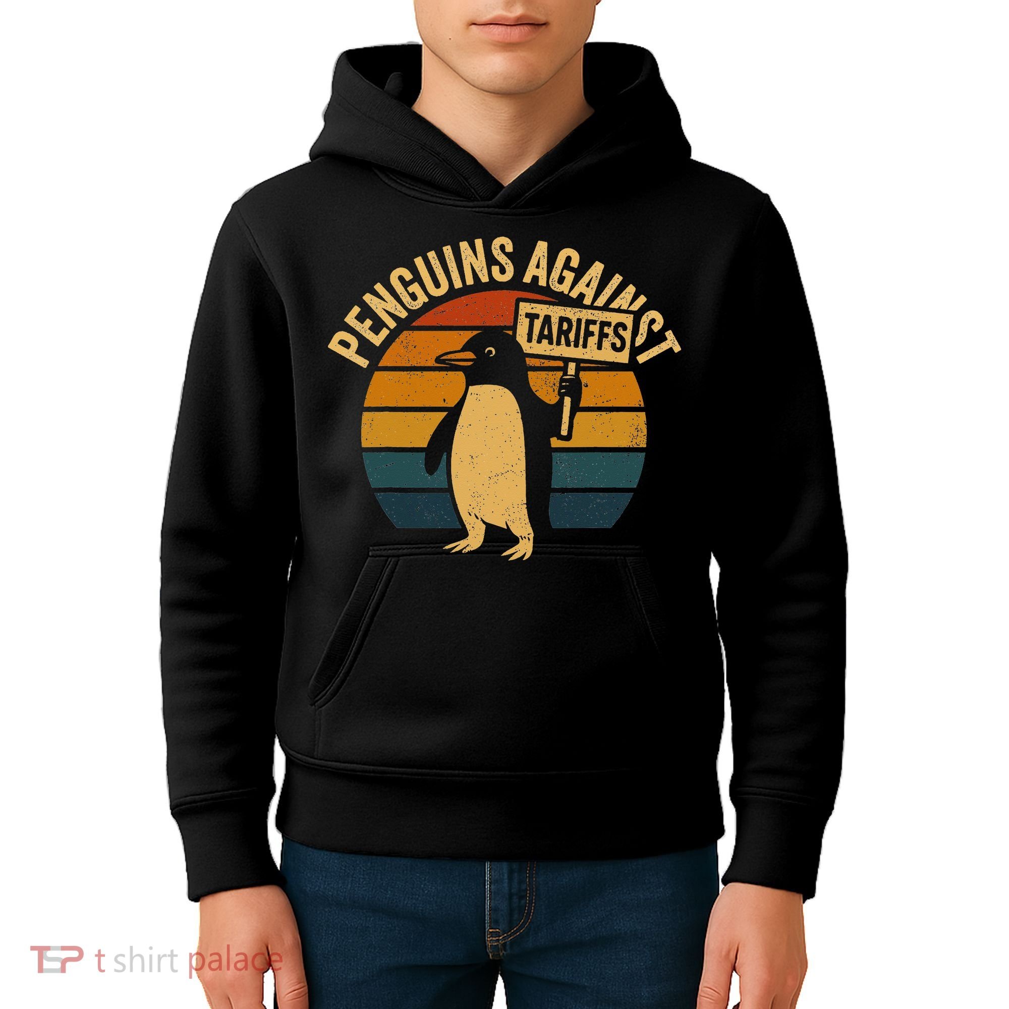 Penguins Against Tariffs Retro Funny Protest Kids Hoodie