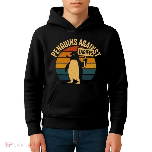 Penguins Against Tariffs Retro Funny Protest Kids Hoodie