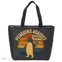 Penguins Against Tariffs Retro Funny Protest Tote Bag thumb 0