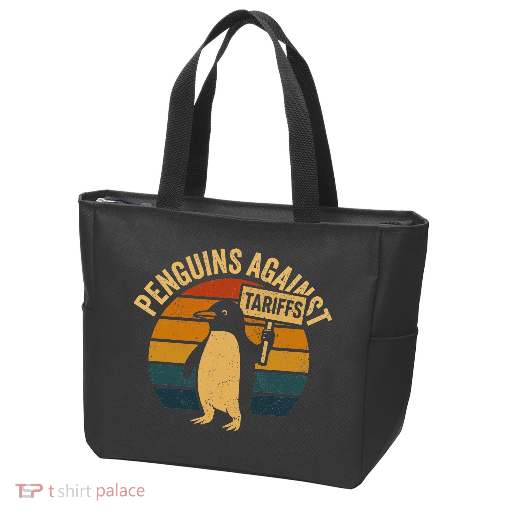 Penguins Against Tariffs Retro Funny Protest Tote Bag
