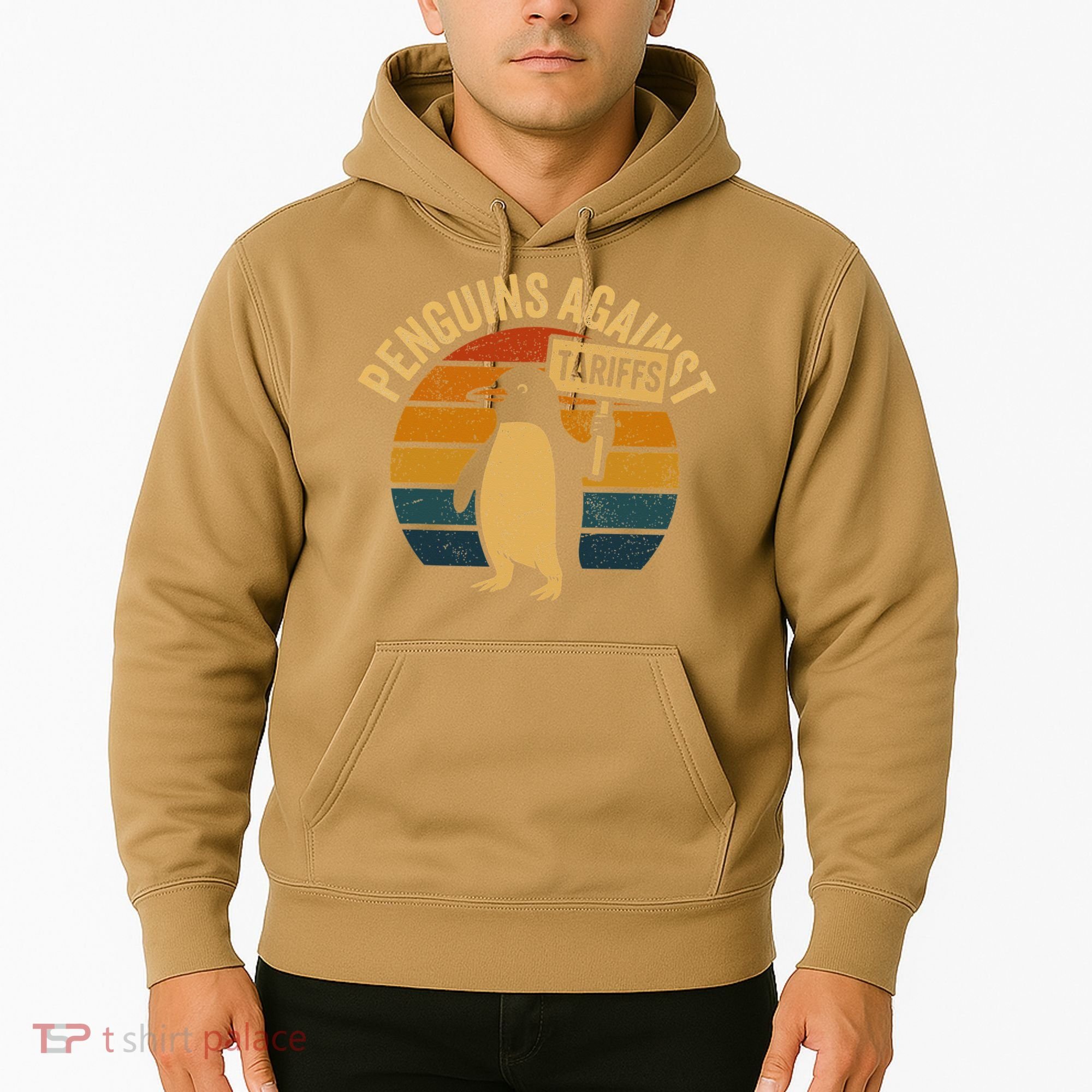 Penguins Against Tariffs Retro Funny Protest Hoodie