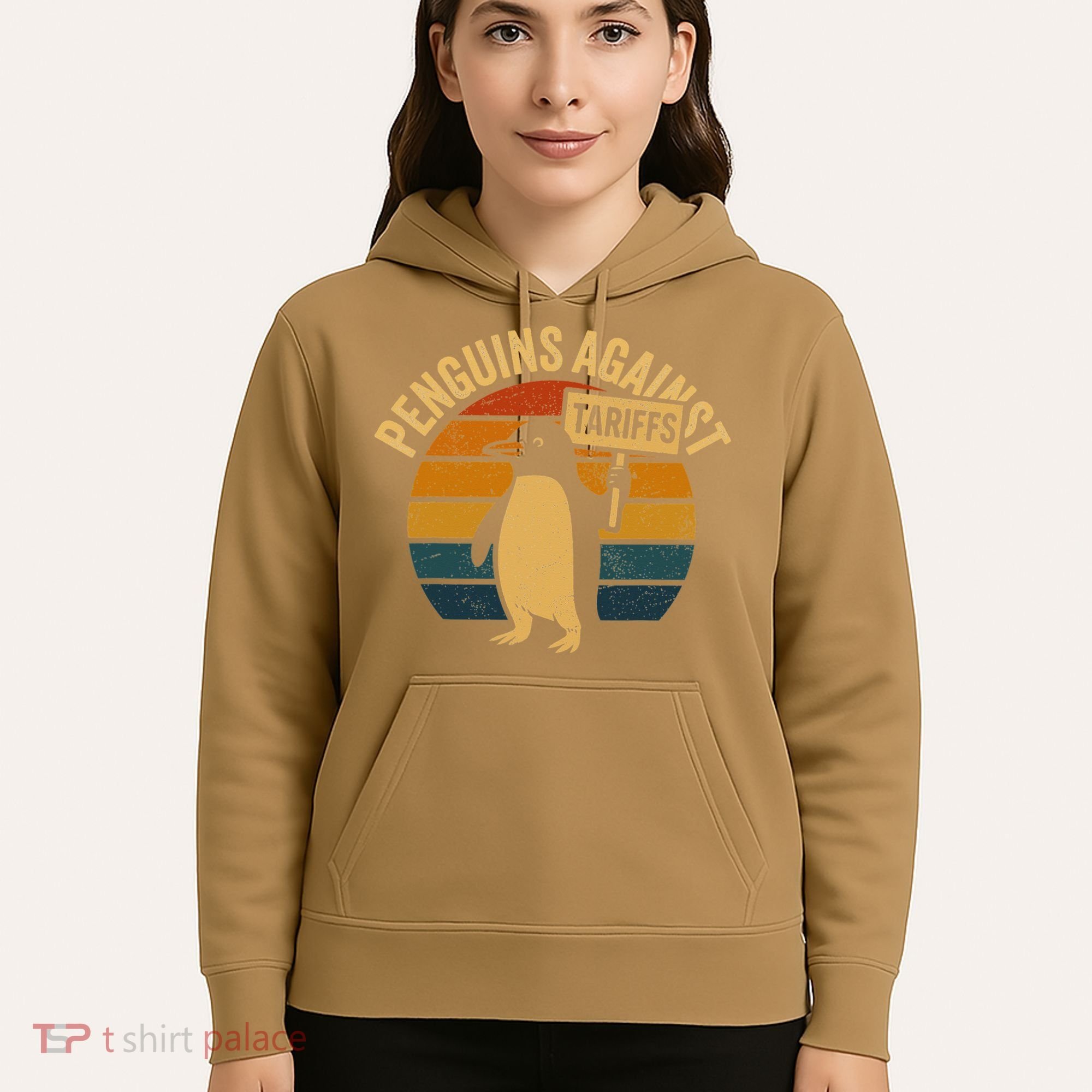 Penguins Against Tariffs Retro Funny Protest Hoodie
