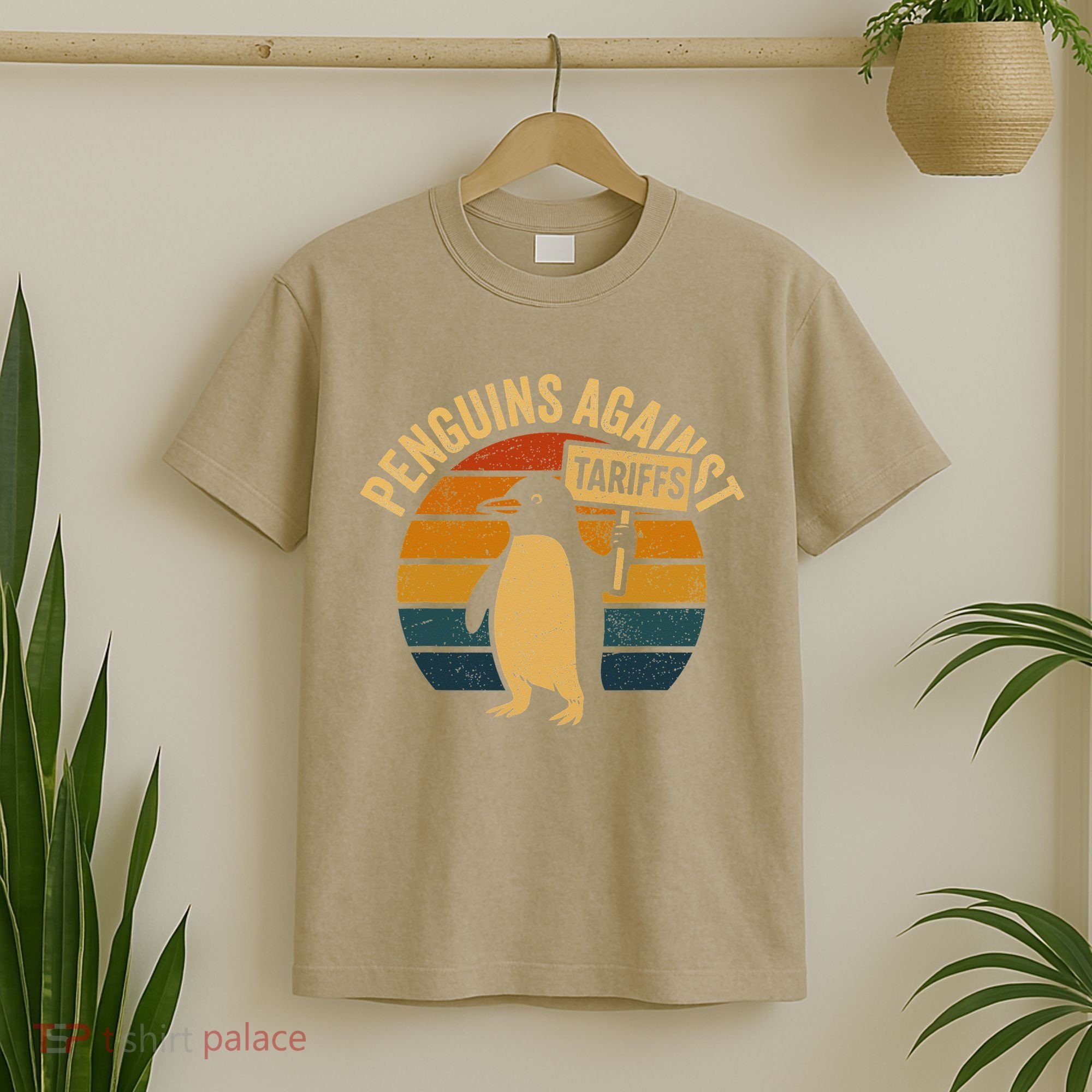 Penguins Against Tariffs Retro Funny Protest T-Shirt