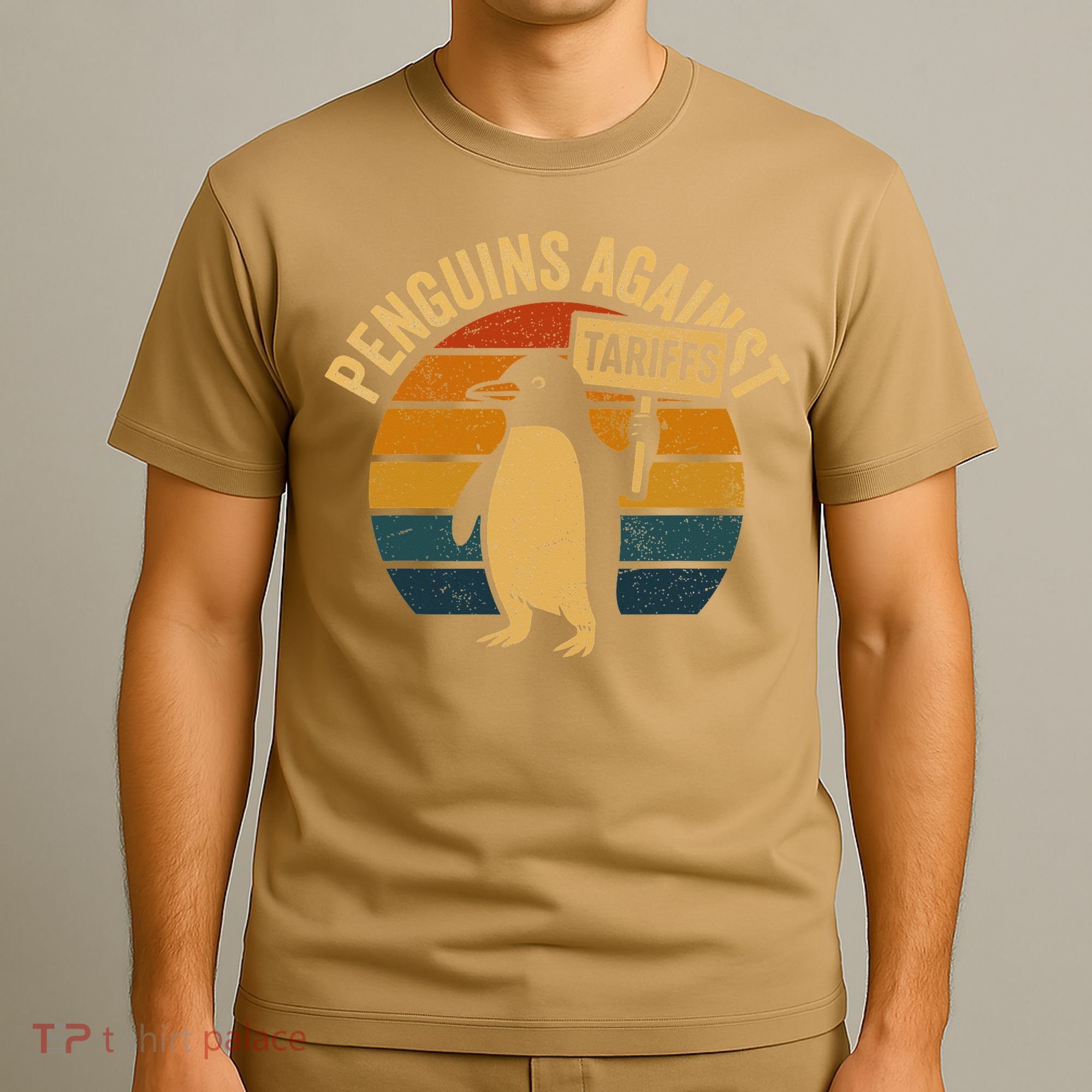 Penguins Against Tariffs Retro Funny Protest T-Shirt