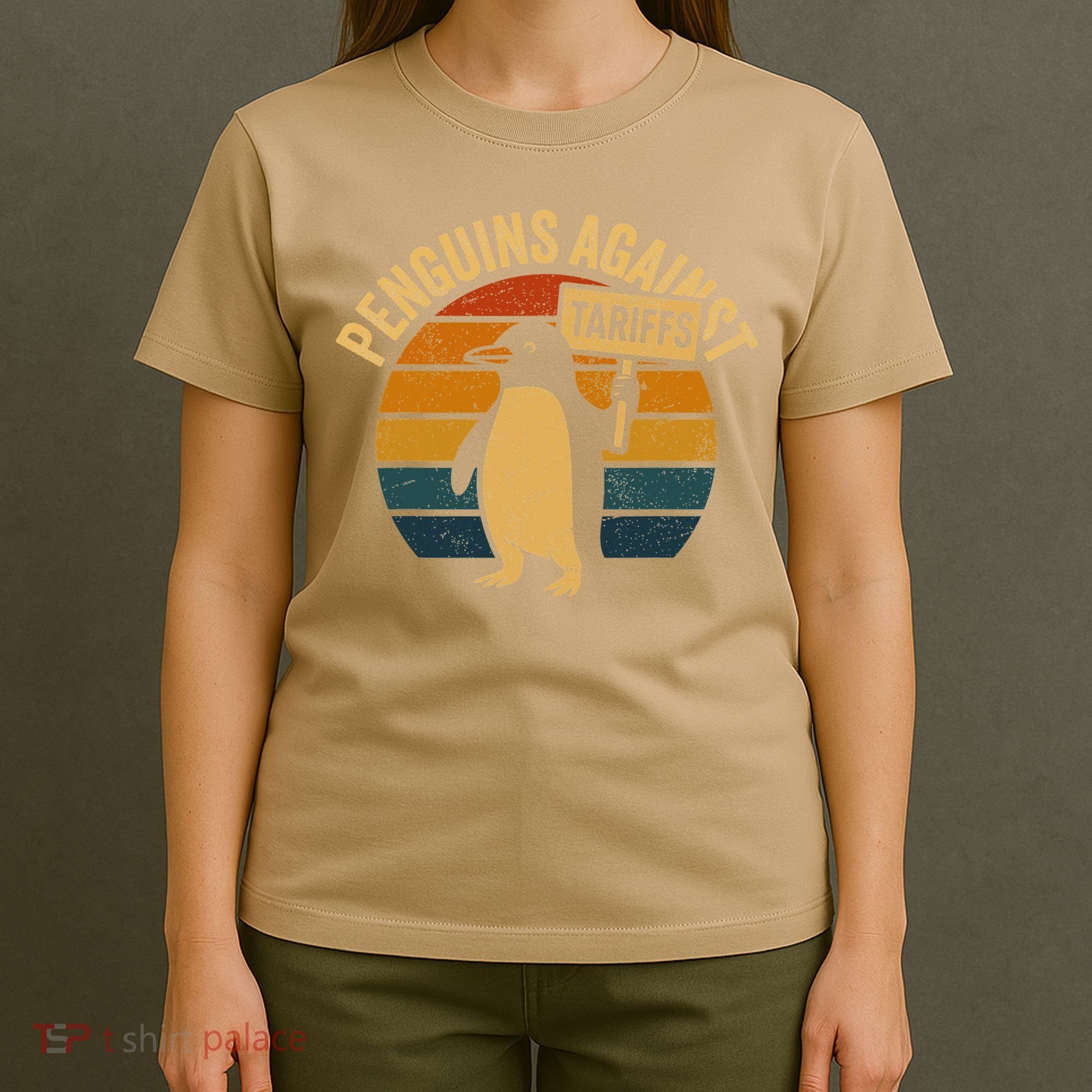 Penguins Against Tariffs Retro Funny Protest T-Shirt