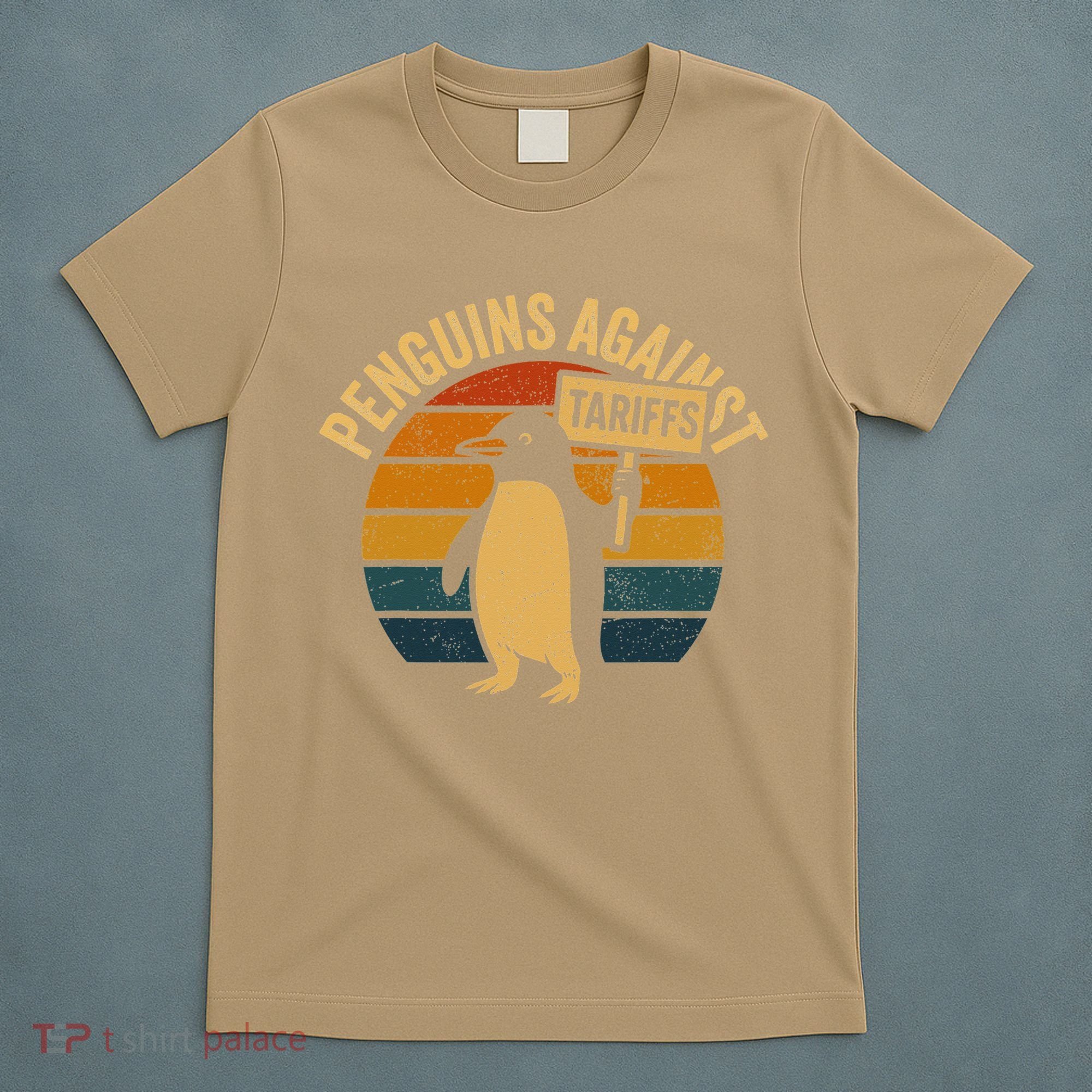 Penguins Against Tariffs Retro Funny Protest T-Shirt
