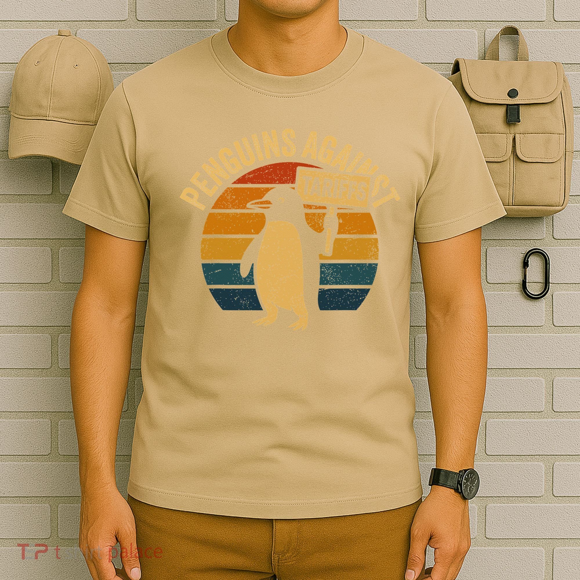 Penguins Against Tariffs Retro Funny Protest T-Shirt
