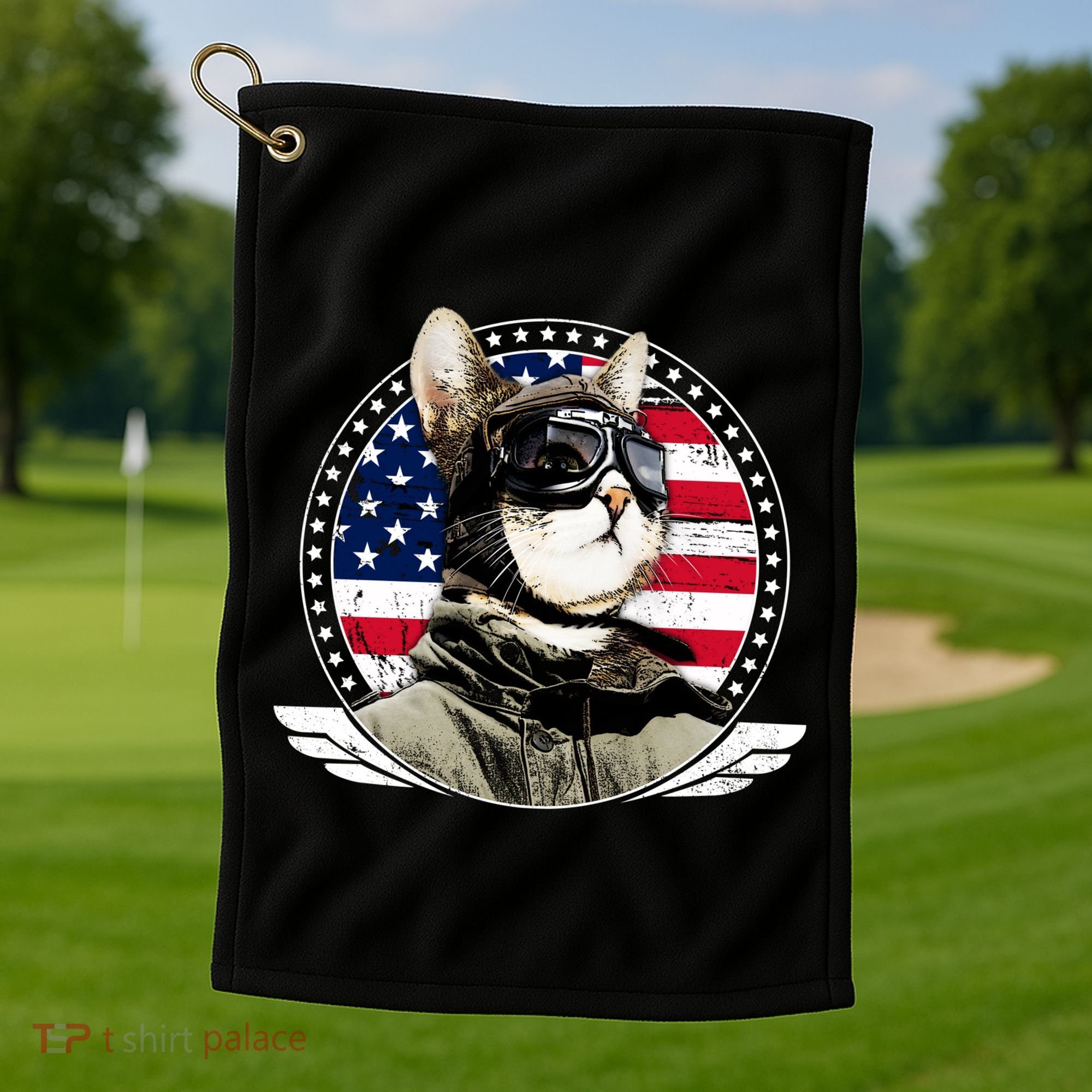 Patriotic American Cat Pilot Golf Towel
