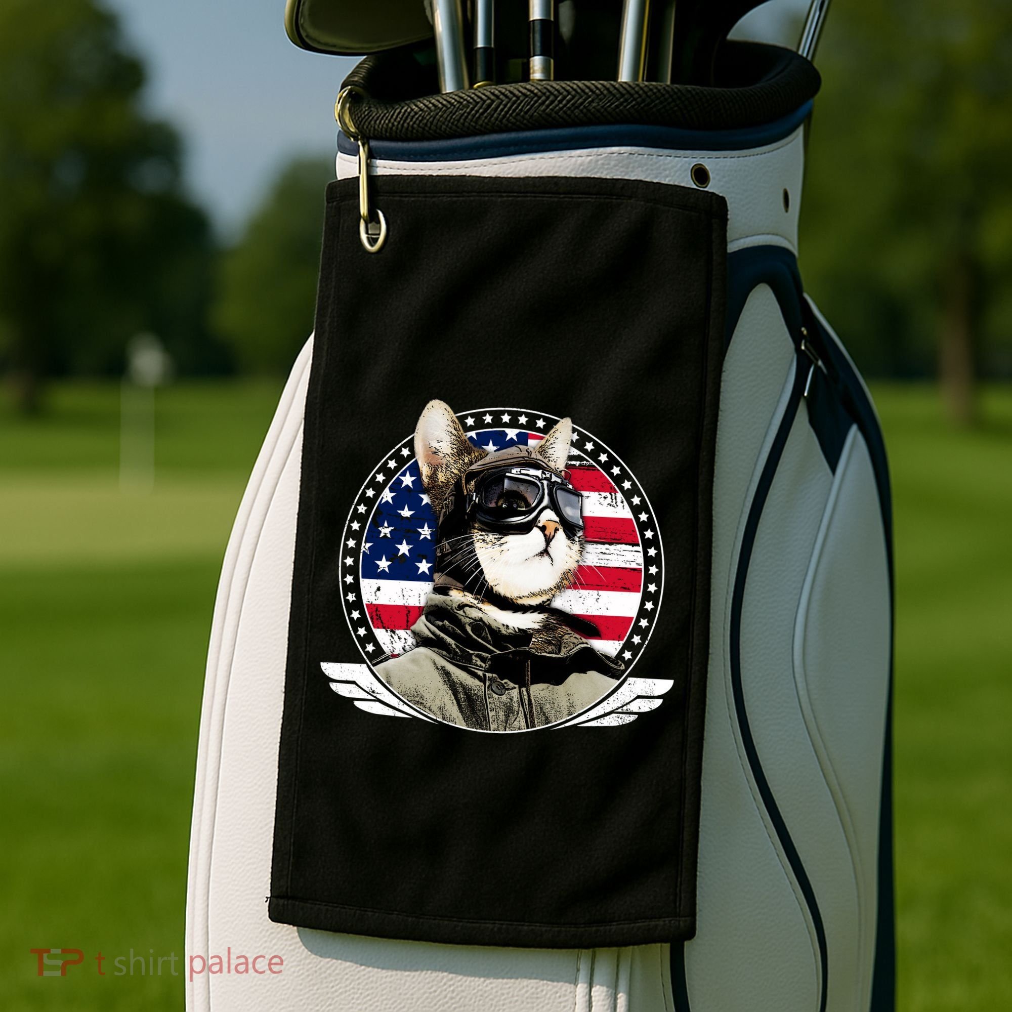 Patriotic American Cat Pilot Golf Towel