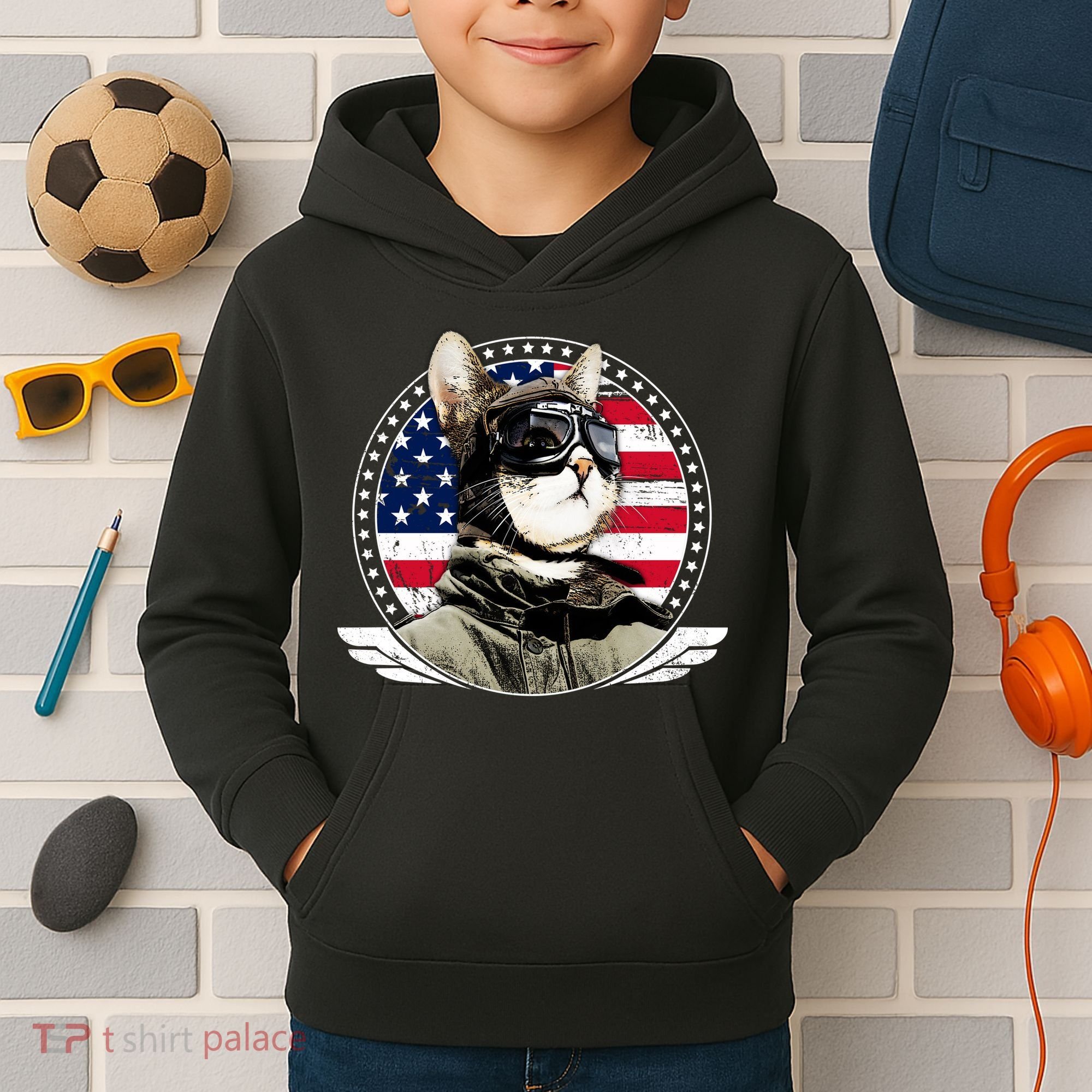 Patriotic American Cat Pilot Kids Hoodie