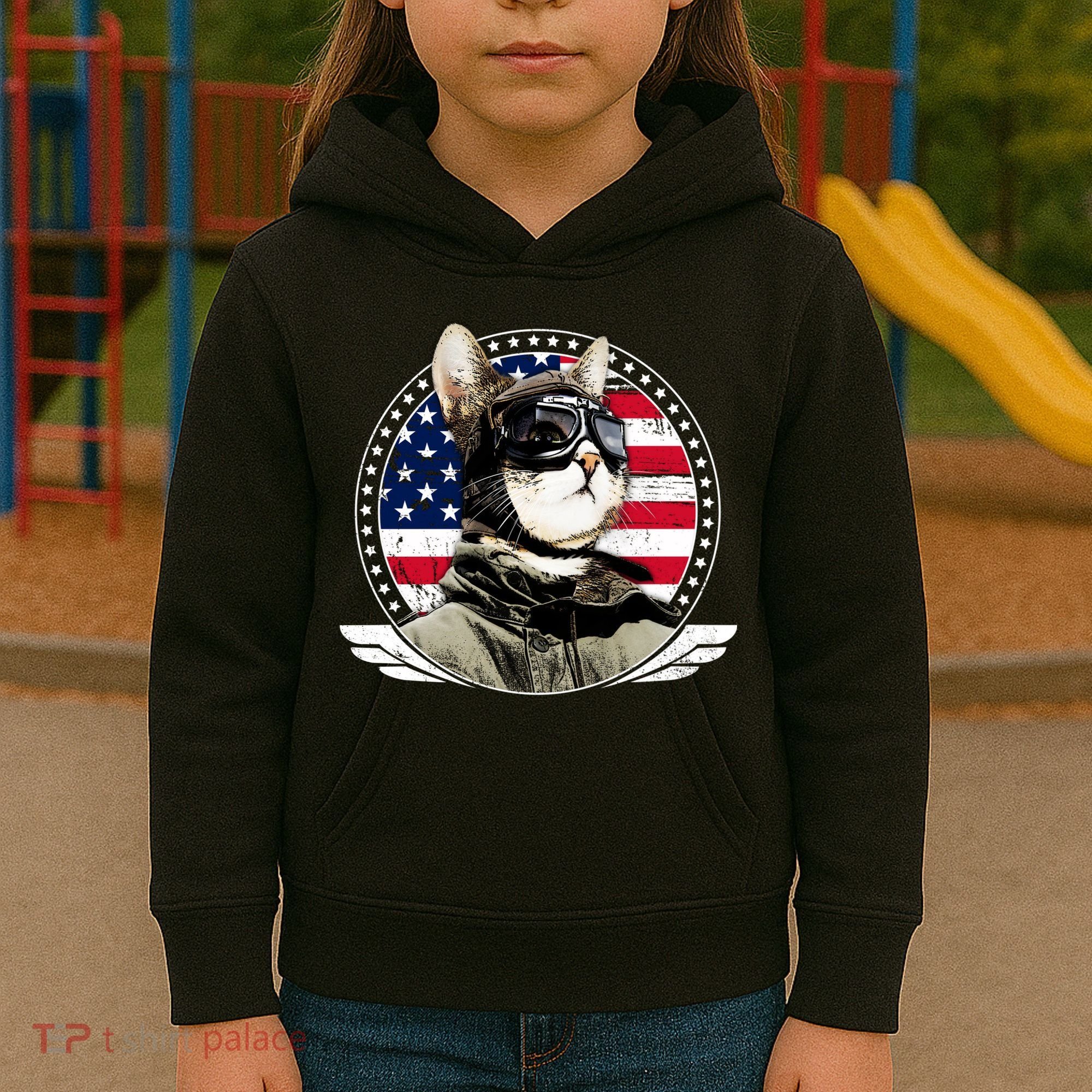 Patriotic American Cat Pilot Kids Hoodie