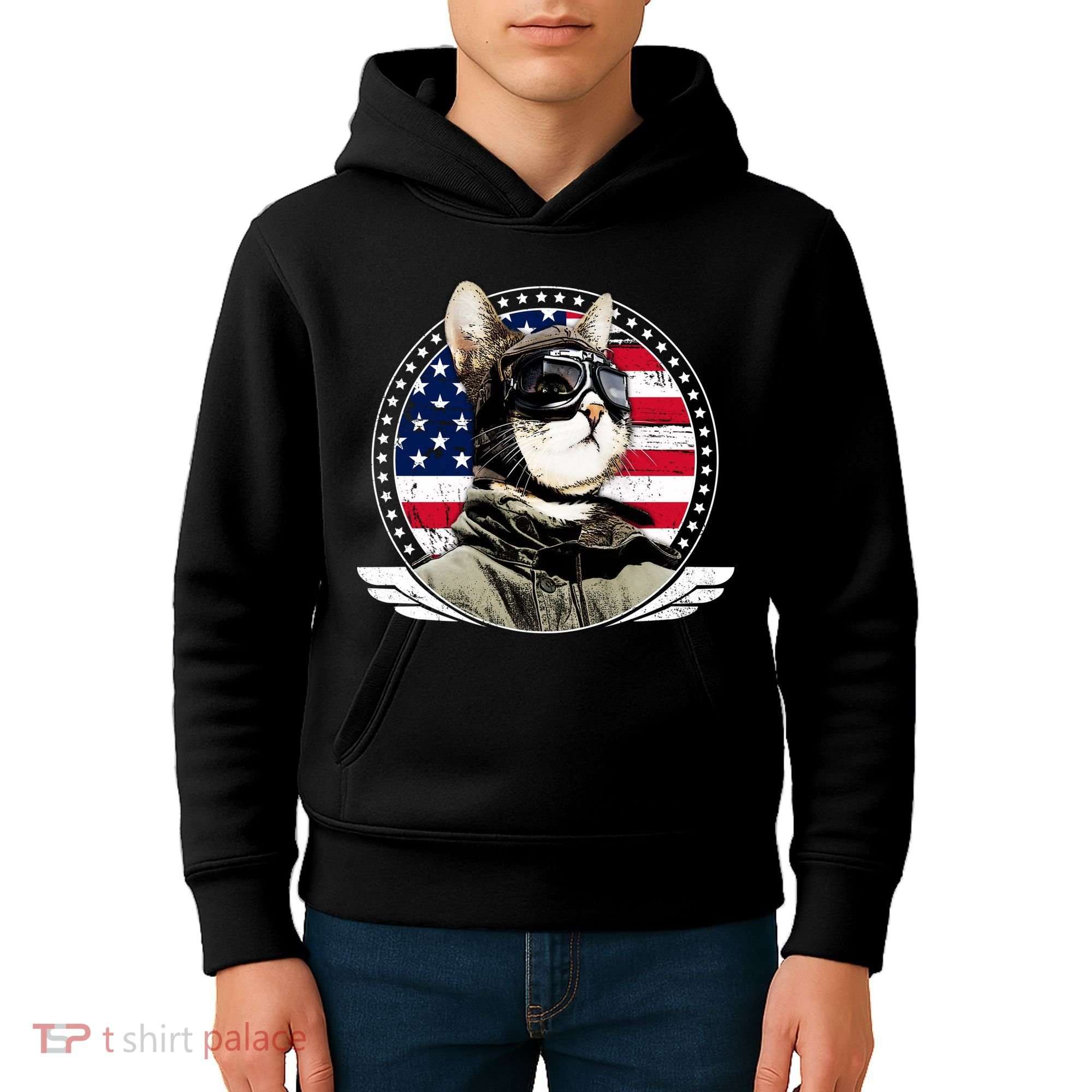 Patriotic American Cat Pilot Kids Hoodie