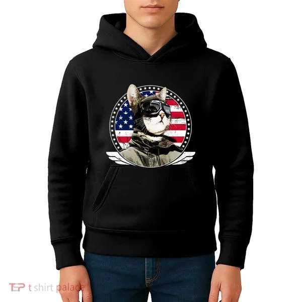 Patriotic American Cat Pilot Kids Hoodie