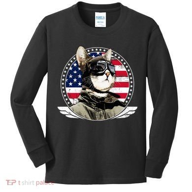 Patriotic American Cat Pilot Kids Long Sleeve Shirt