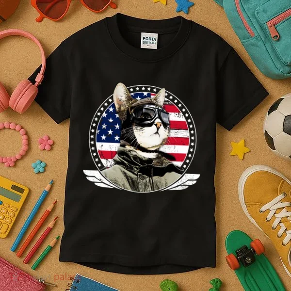 Patriotic American Cat Pilot Kids T-Shirt