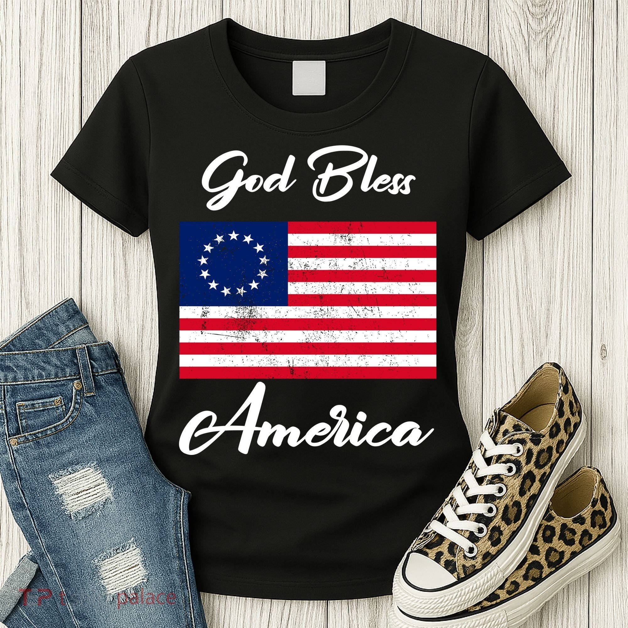 Patriotic Betsy Ross Flag God Bless America Women's T-Shirt