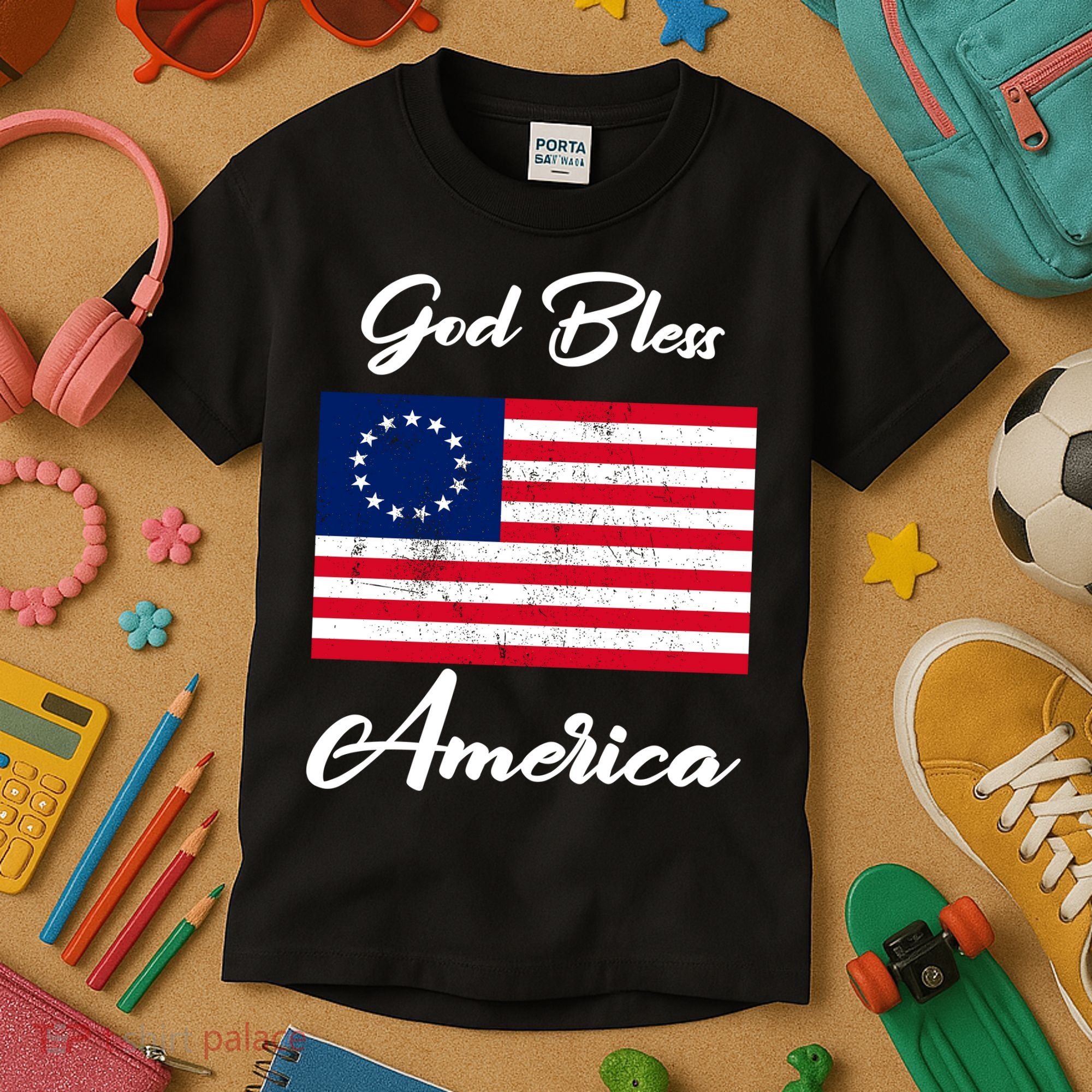 Patriotic Betsy Ross Flag God Bless America Kids T-Shirt