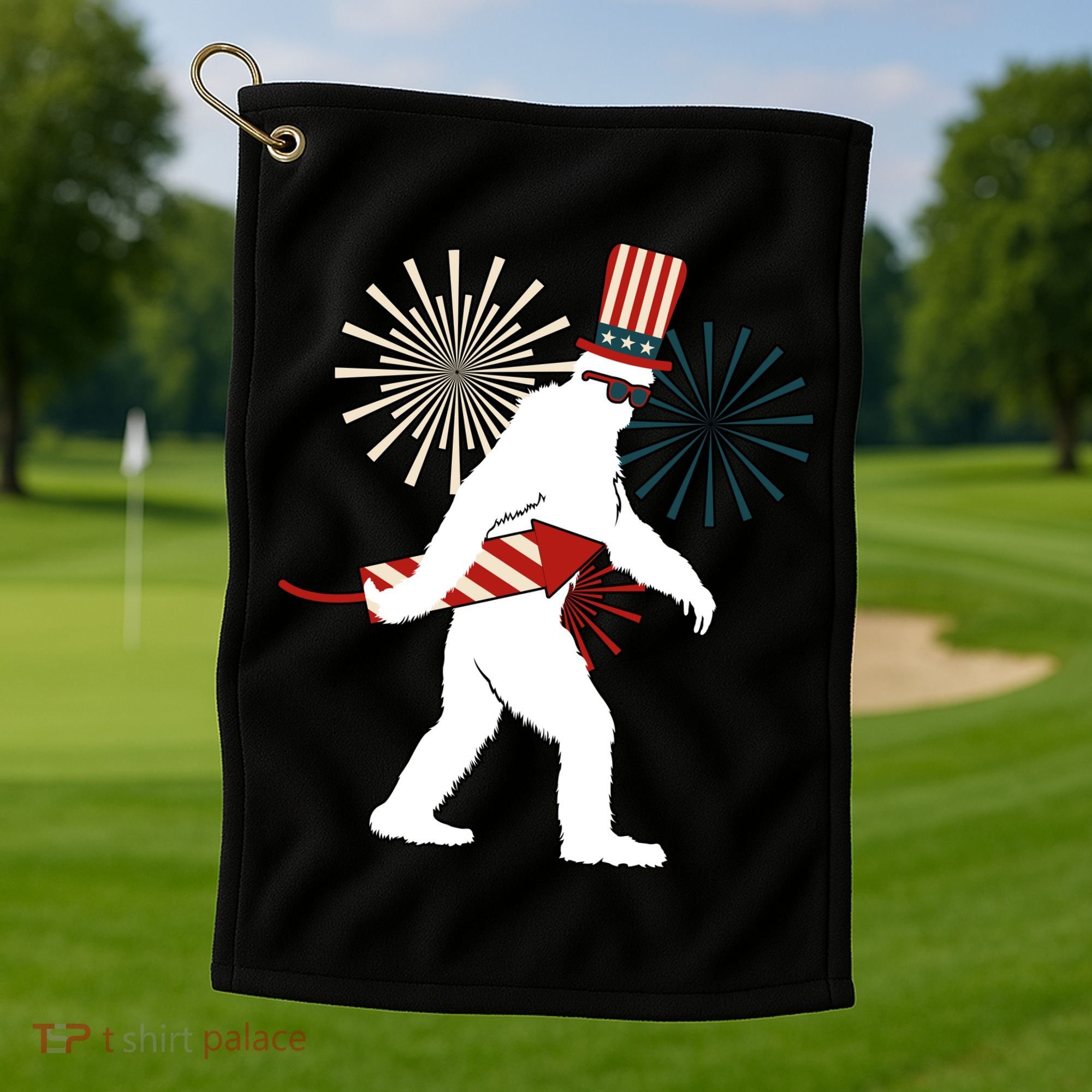 Patriotic Bigfoot Fireworks 4th of July Golf Towel