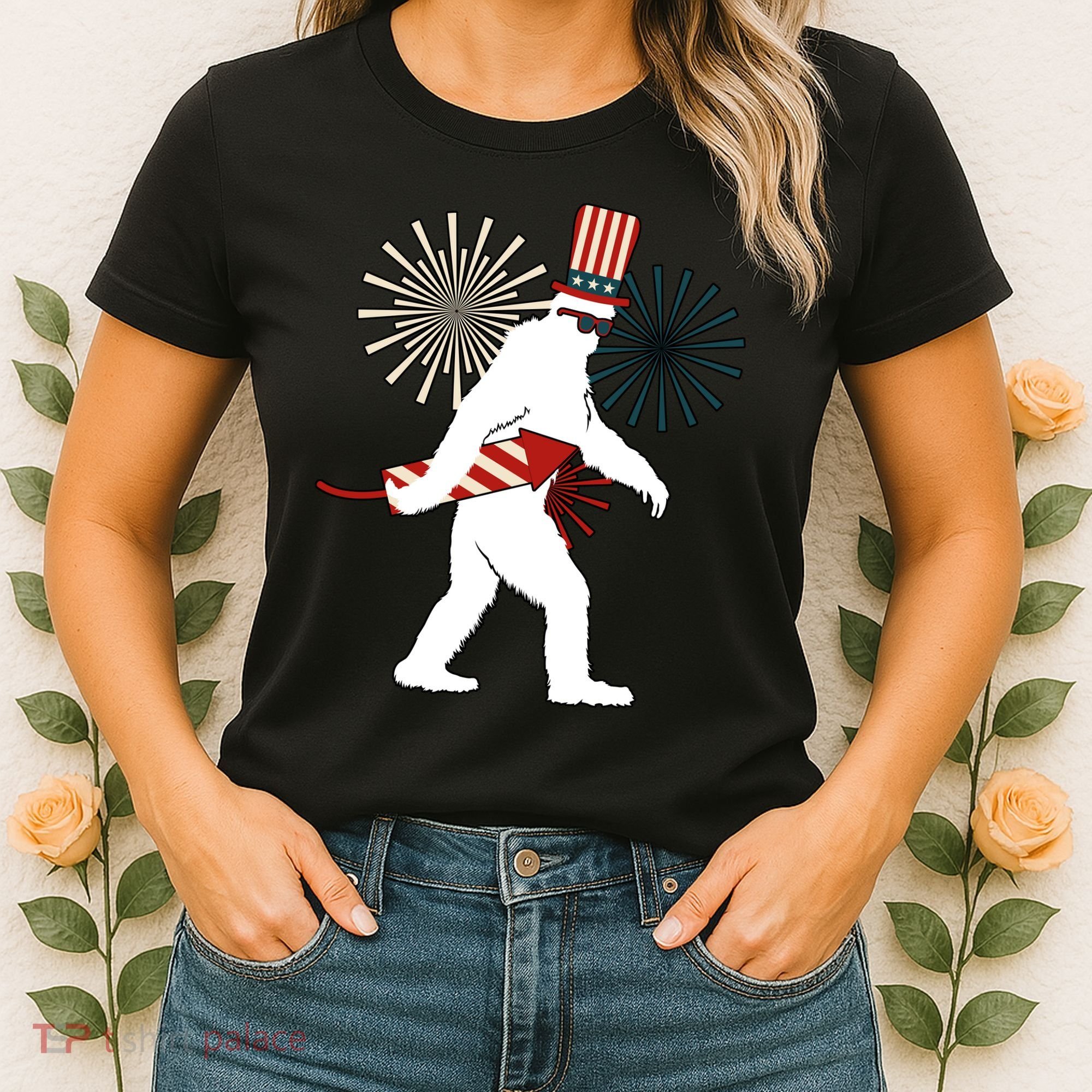 Patriotic Bigfoot Fireworks 4th of July Women's T-Shirt