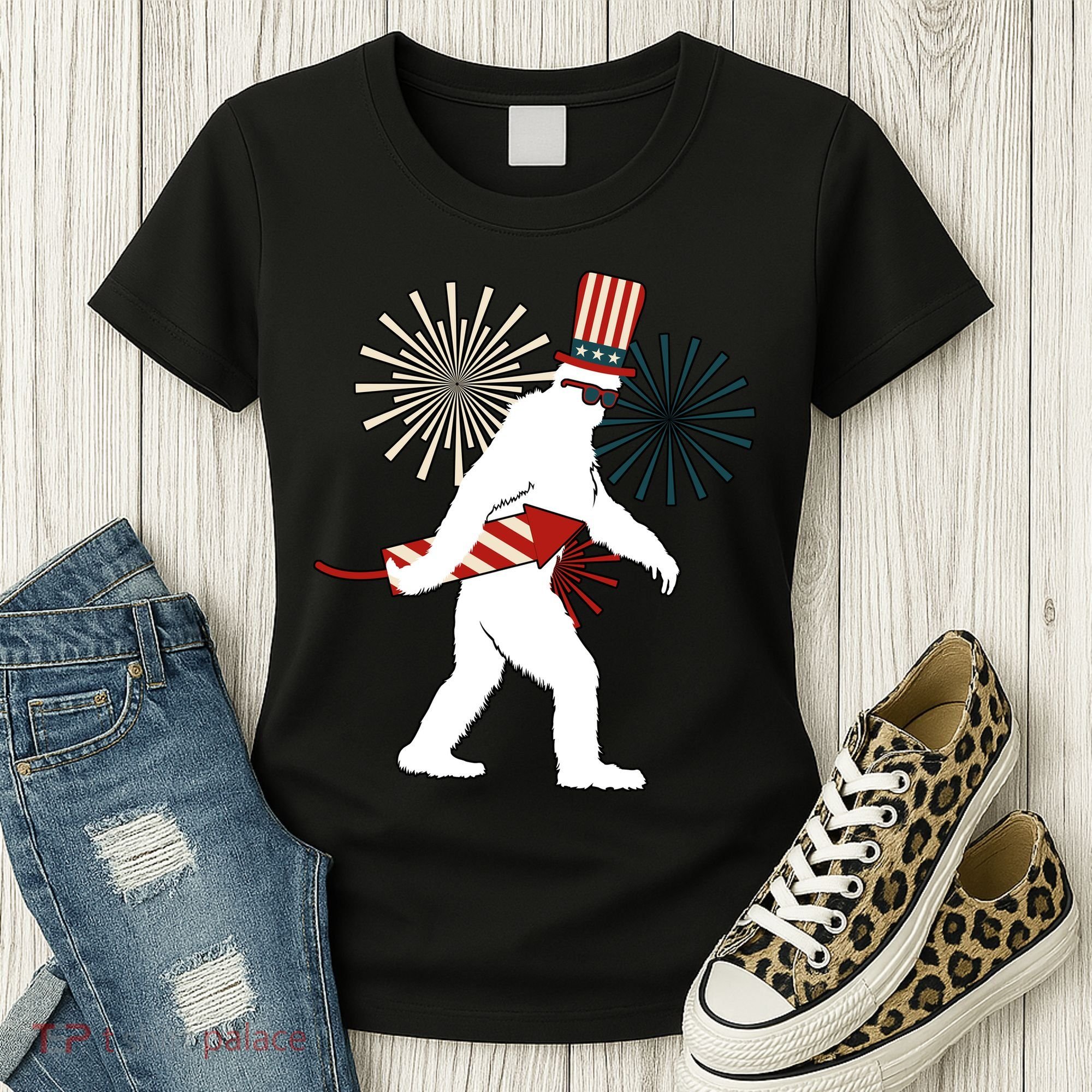Patriotic Bigfoot Fireworks 4th of July Women's T-Shirt