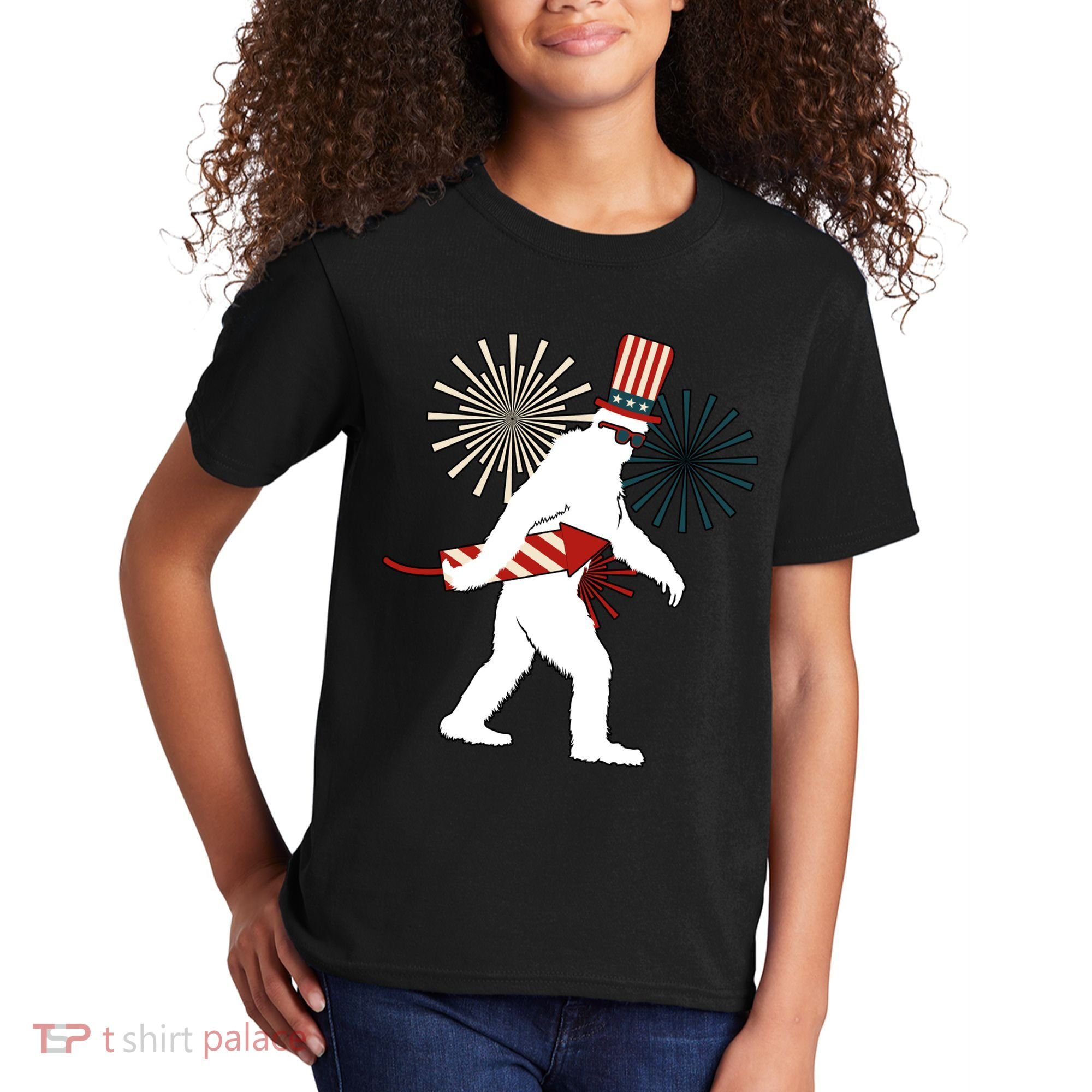 Patriotic Bigfoot Fireworks 4th of July Kids T-Shirt