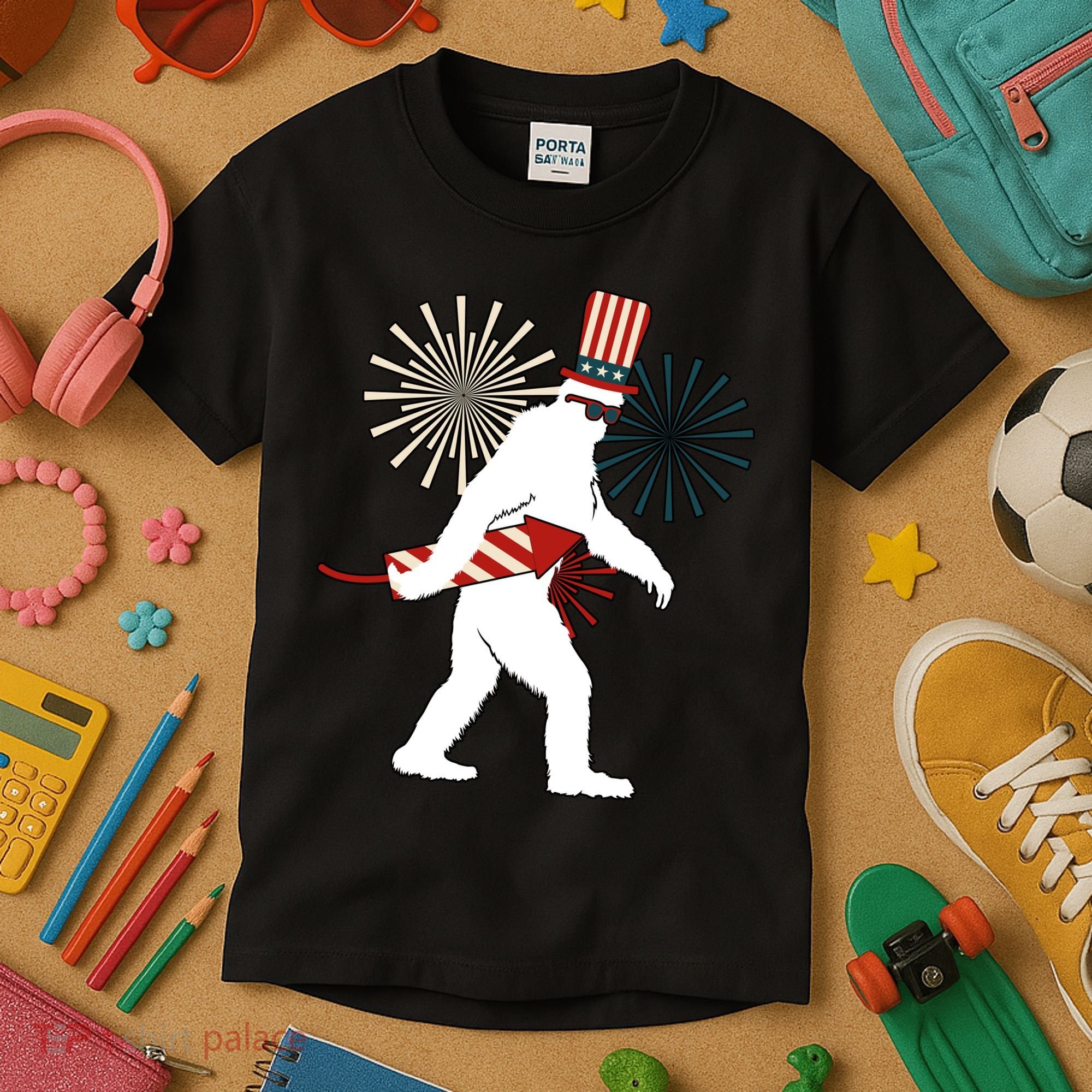 Patriotic Bigfoot Fireworks 4th of July Kids T-Shirt