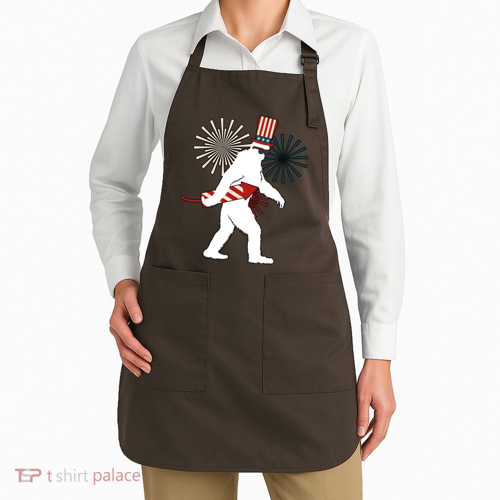 Patriotic Bigfoot Fireworks 4th of July Apron