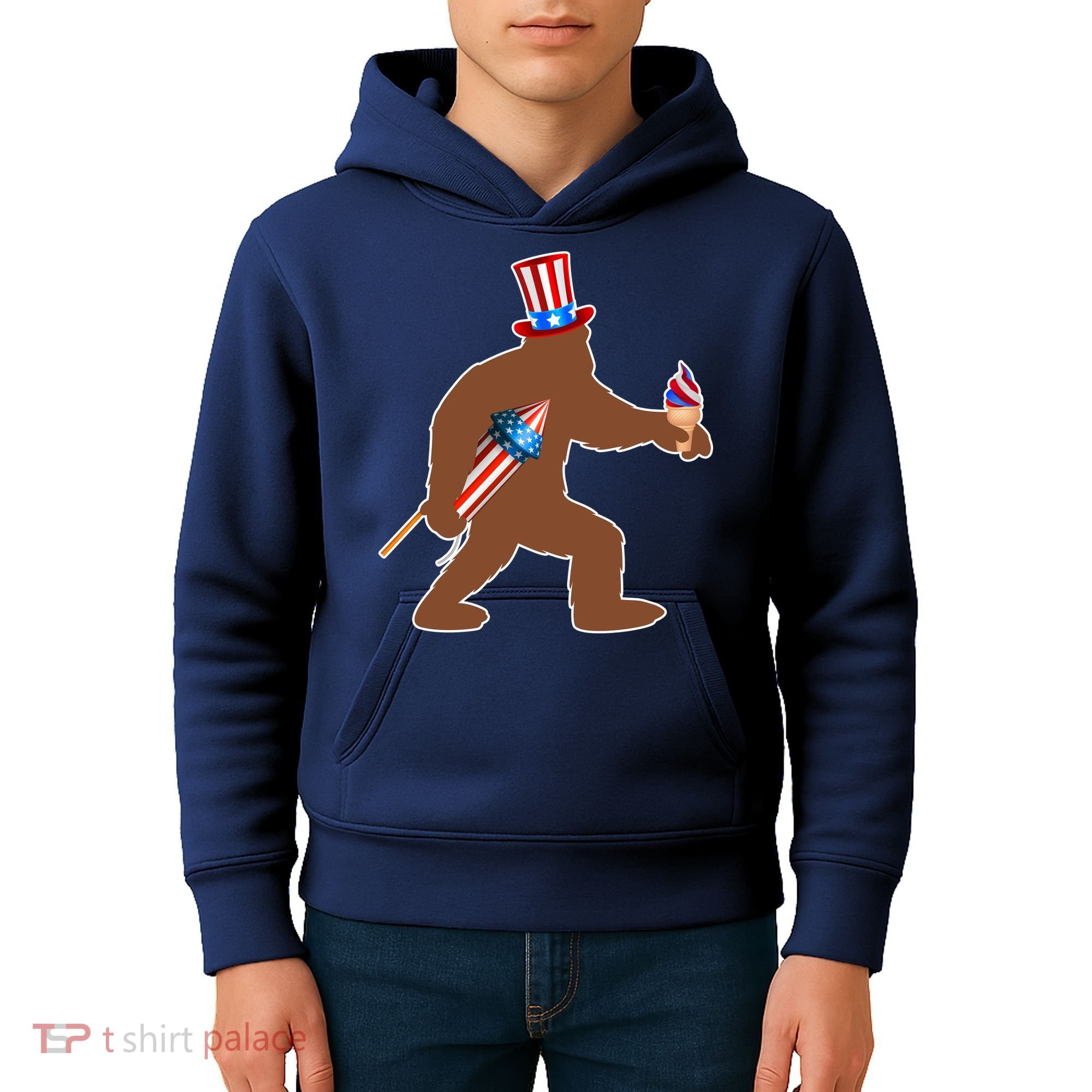 Patriotic Bigfoot Fireworks USA Kids Hoodie