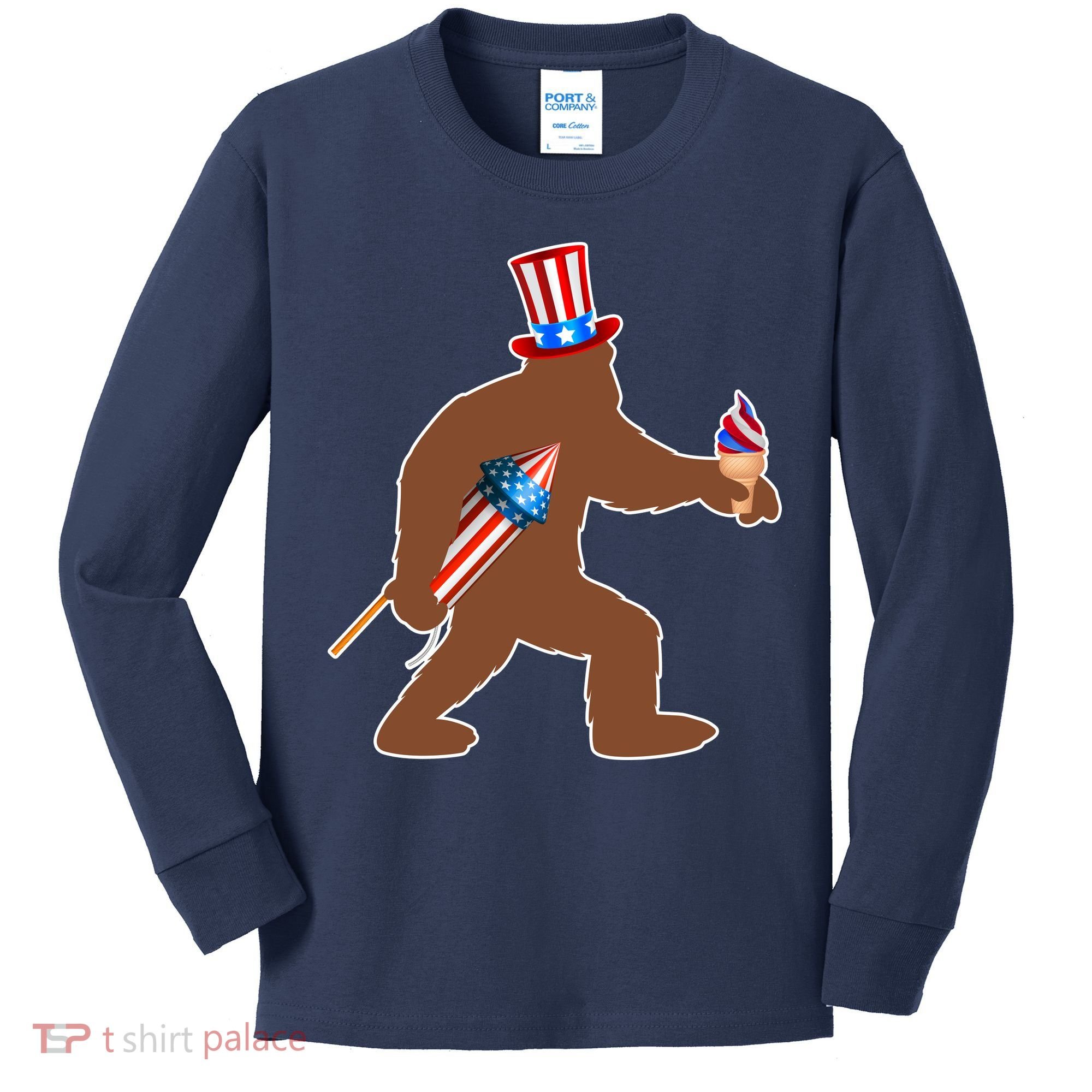 Patriotic Bigfoot Fireworks USA Kids Long Sleeve Shirt